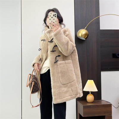 惠衣阁冬女羊羔毛外套中长款牛角扣外套韩版宽松休闲皮毛一体外套