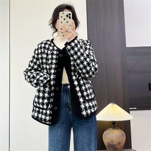 惠衣阁秋冬女小香风外套夹棉外套休闲通勤格子外套加棉粗花呢外套