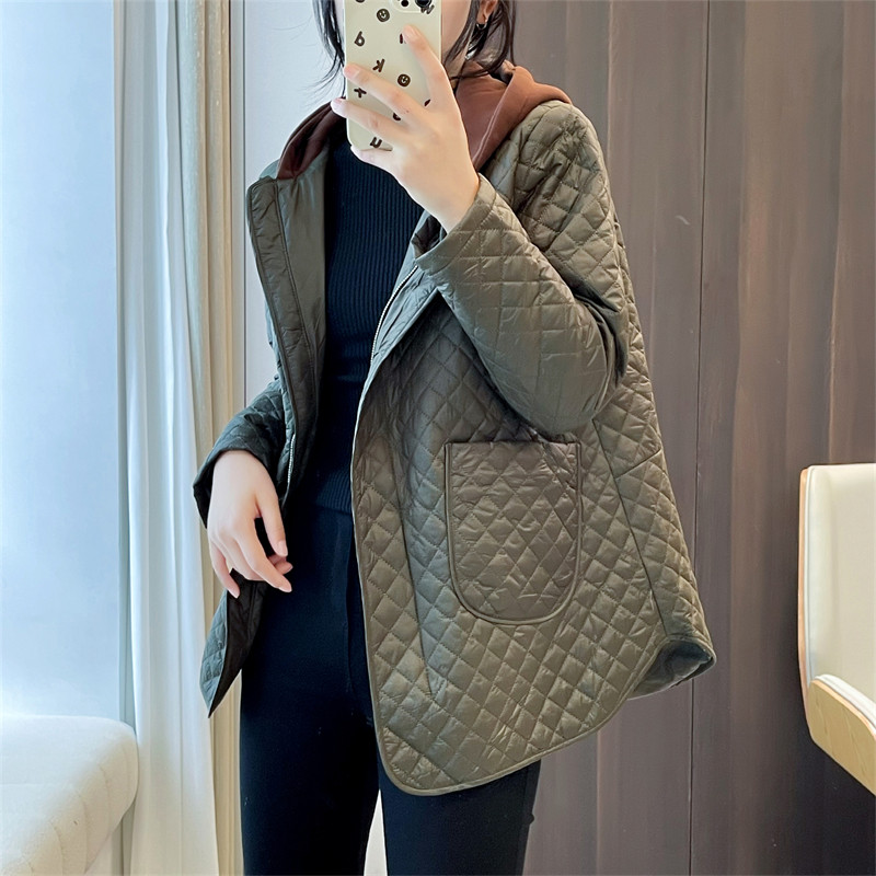 惠衣阁秋季女连帽棉衣假两件套棉袄韩版休闲菱形压线薄棉服外套