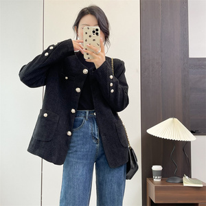 惠衣阁秋季女长袖圆领外套小香风外套韩版气质通勤粗花呢外套上衣