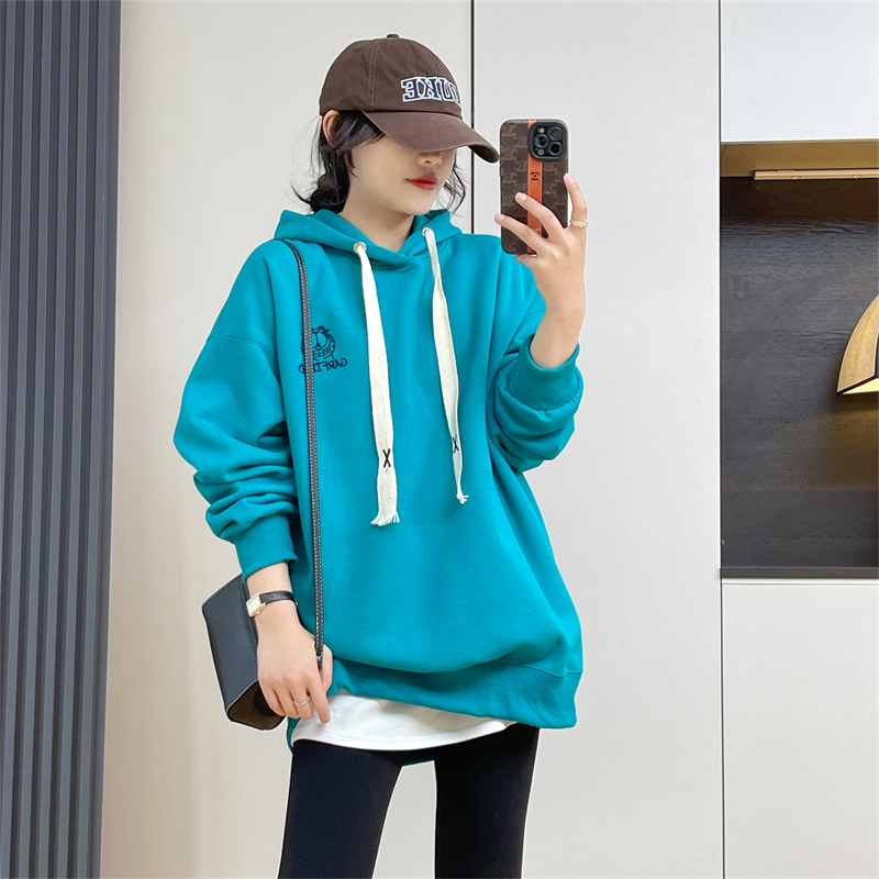 惠衣阁秋女棉质长袖连帽卫衣中长款卫衣韩版宽松休闲学生卫衣外套