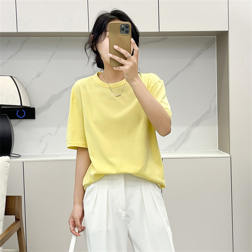 惠衣阁夏女棉质短袖t恤衫圆领T恤宽松休闲纯色上衣t恤中长款t恤