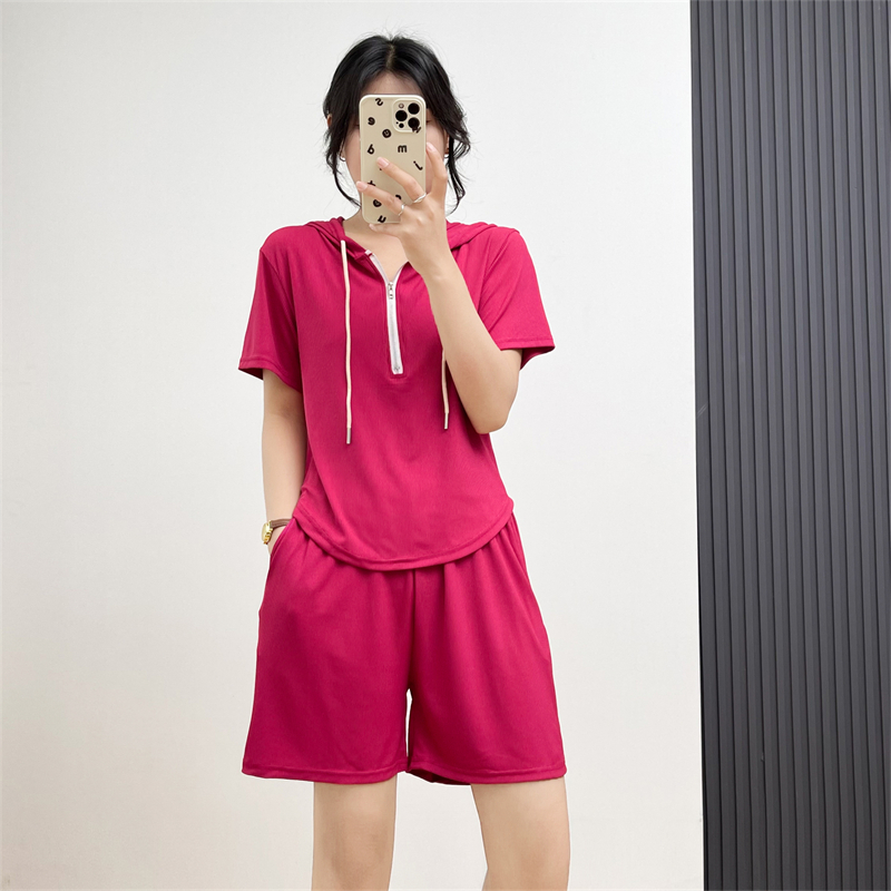 惠衣阁夏季女两件套装短袖连帽T恤衫半套头上衣松紧腰短裤五分裤
