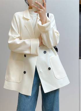 惠衣阁春季女长袖西装领毛呢外套中长款西装韩版休闲通勤呢子西服