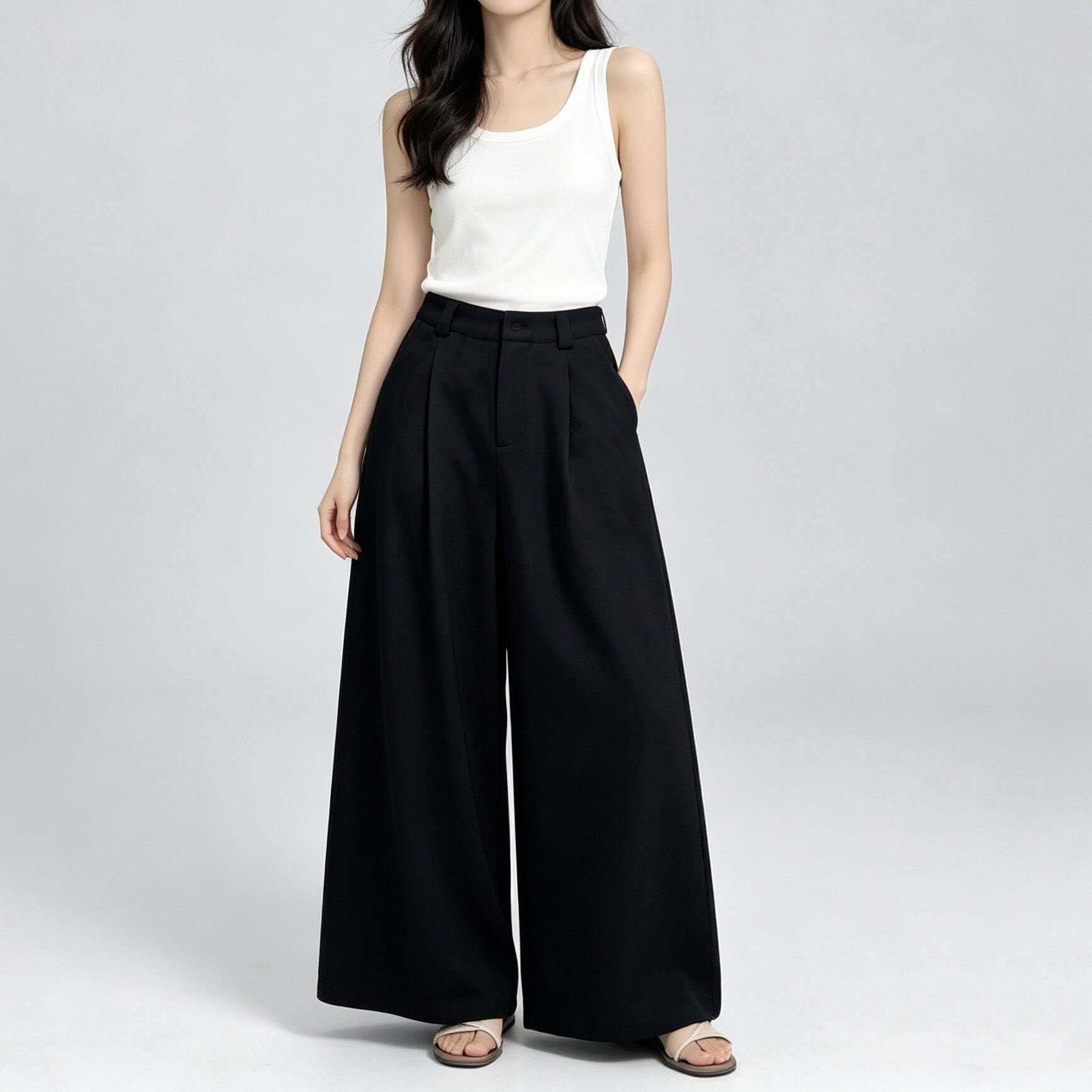 惠衣阁春季女半松紧腰九分裤呢料阔腿裤休闲通勤职业西装裤直筒裤