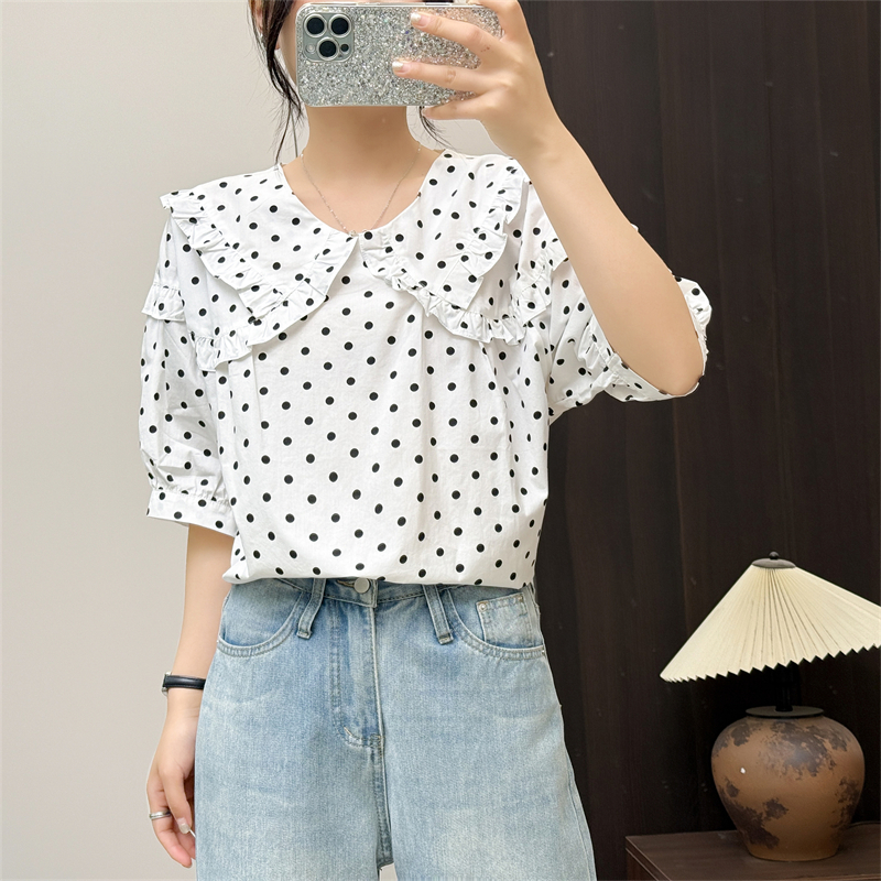 惠衣阁夏女棉质短袖衬衫木耳边衬衫韩版宽松休闲甜美波点衬衣上衣