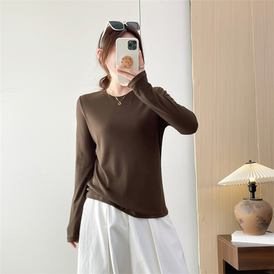 惠衣阁春季女棉质长袖t恤衫纯色打底衫韩版休闲简约百搭圆领T恤