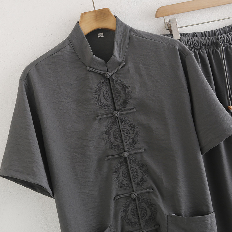 HUI YI GE XIA MENS TWO-PIECE SUIT SHORT SLEEVE EMBROIDERED BUCKLE SHIRT NATIONAL STYLE TANG SUIT ELASTIC WAIST TROUSERS DAD SUIT