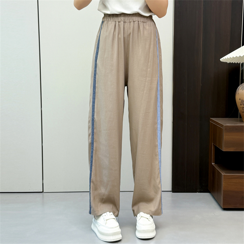 惠衣阁夏季女松紧腰高腰亚麻长裤韩版宽松休闲裤竖条纹亚麻直筒裤