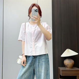 惠衣阁夏季女棉质短袖衬衫短款衬衫韩版宽松休闲纯色上衣短款衬衣