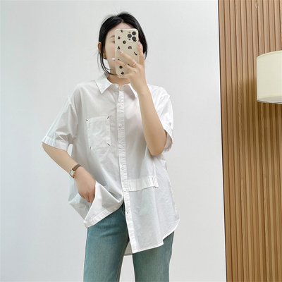 惠衣阁夏季女棉质短袖衬衫中长款衬衫韩版宽松休闲纯色学院风上衣