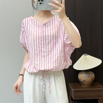 惠衣阁夏季女棉质短袖衬衫条纹衬衫蝙蝠袖衬衫短款衬衣短款上衣