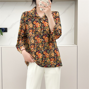 惠衣阁夏季女七分袖衬衫印花衬衣宽松休闲碎花衬衫轻熟妈妈装上衣