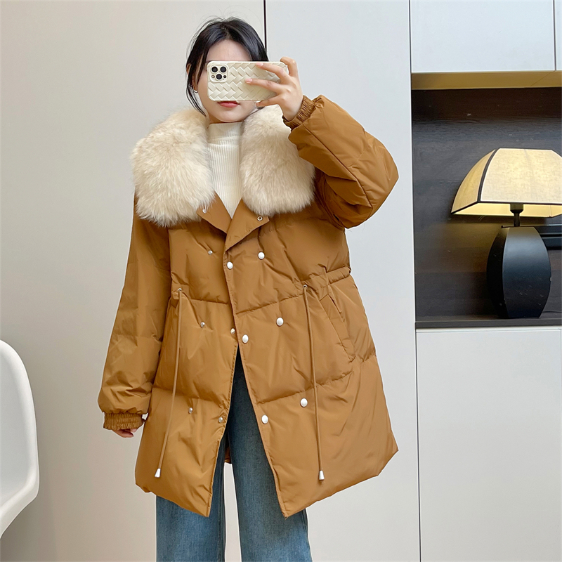 惠衣阁冬女真毛领羽绒服中长款羽绒外套韩版宽松加厚保暖羽绒服