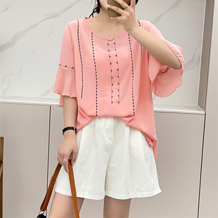 宽松甜美休闲荷叶边衬衣上衣 韩版 惠衣阁夏季 女圆领套头雪纺衫