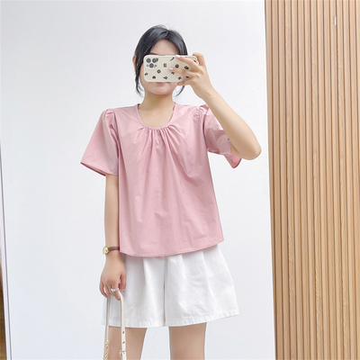 惠衣阁夏季女短袖衬衫套头短款上衣韩版甜美减龄短款衬衣纯色衬衫