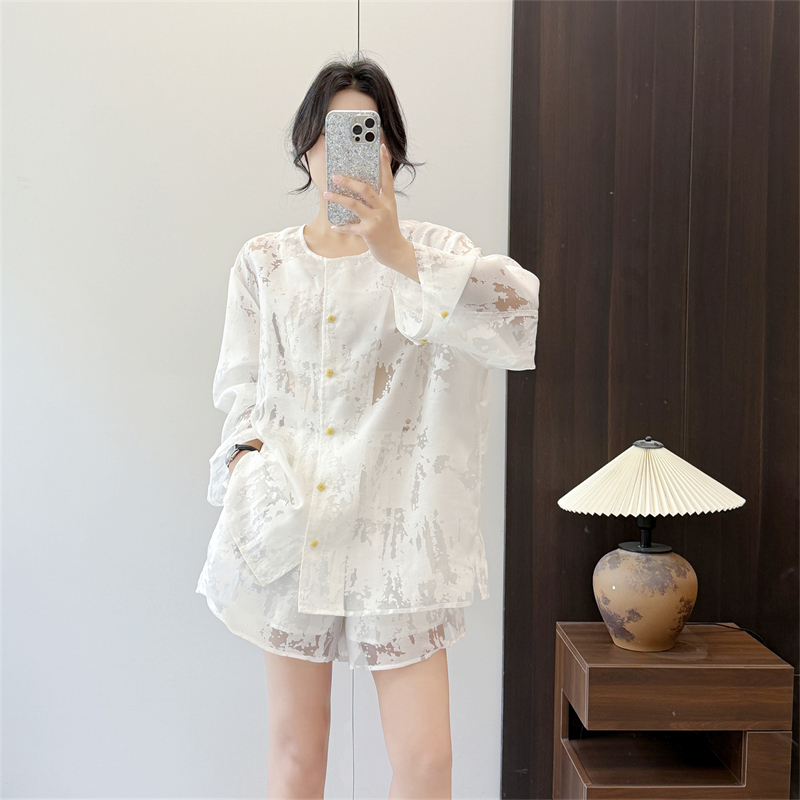 惠衣阁春夏女两件套装长袖衬衫中长款衬衫韩版宽松通勤松紧腰短裤