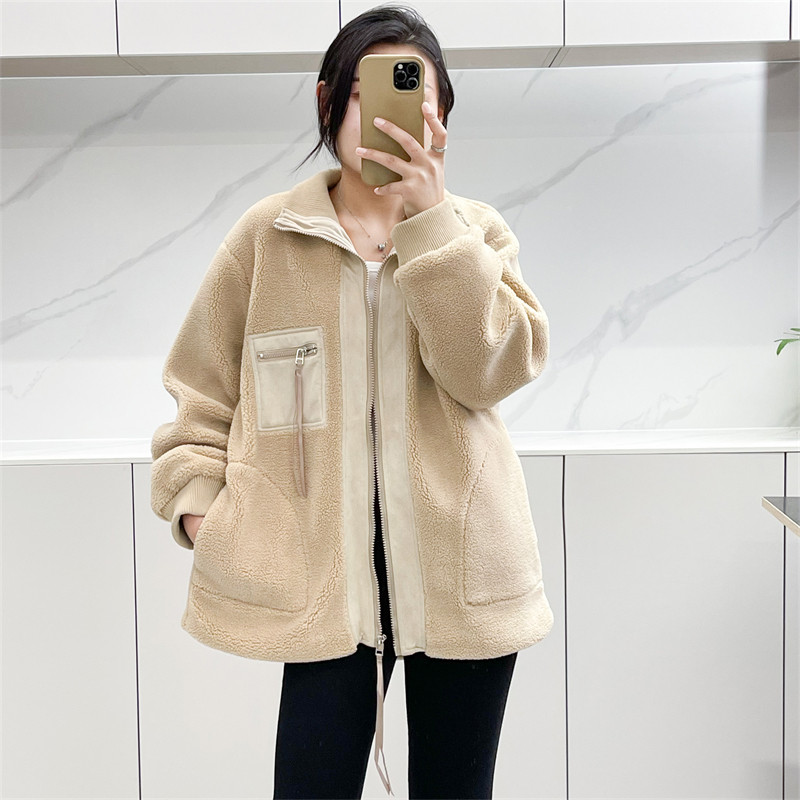 惠衣阁秋冬女长袖羊羔毛外套中长款羔羔毛外套宽松休闲学院风外套