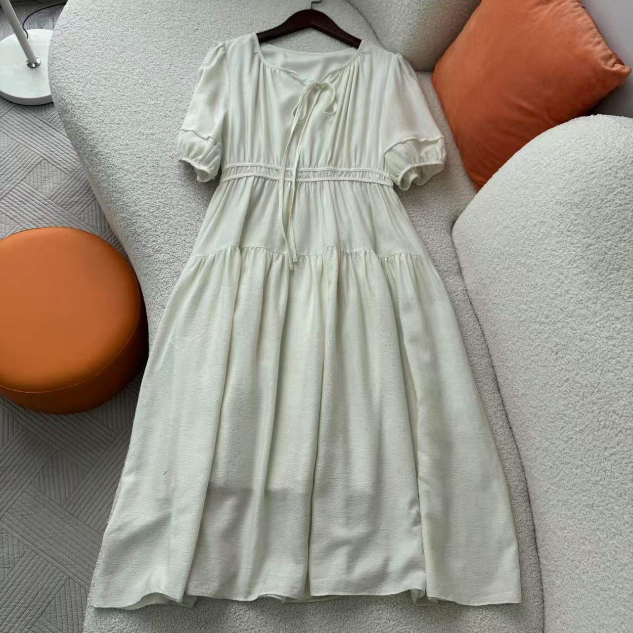 惠衣阁夏季女短袖连衣裙高腰连衣裙韩版甜美高腰抽绳中长裙大裙摆