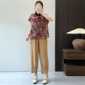 惠衣阁夏女两件套装仿真丝衬衫印花上衣松紧腰九分裤休闲裤妈妈装