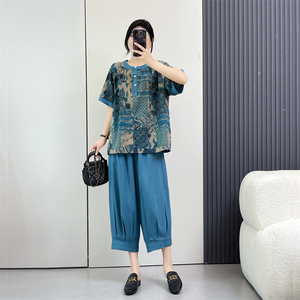 惠衣阁夏季女两件套装妈妈装棉麻短袖衬衫印花上衣松紧腰七分裤