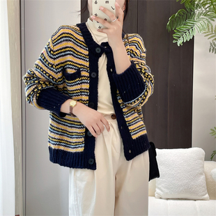 惠衣阁秋季女长袖针织开衫条纹毛衣韩版宽松休闲粗毛线针织衫外套