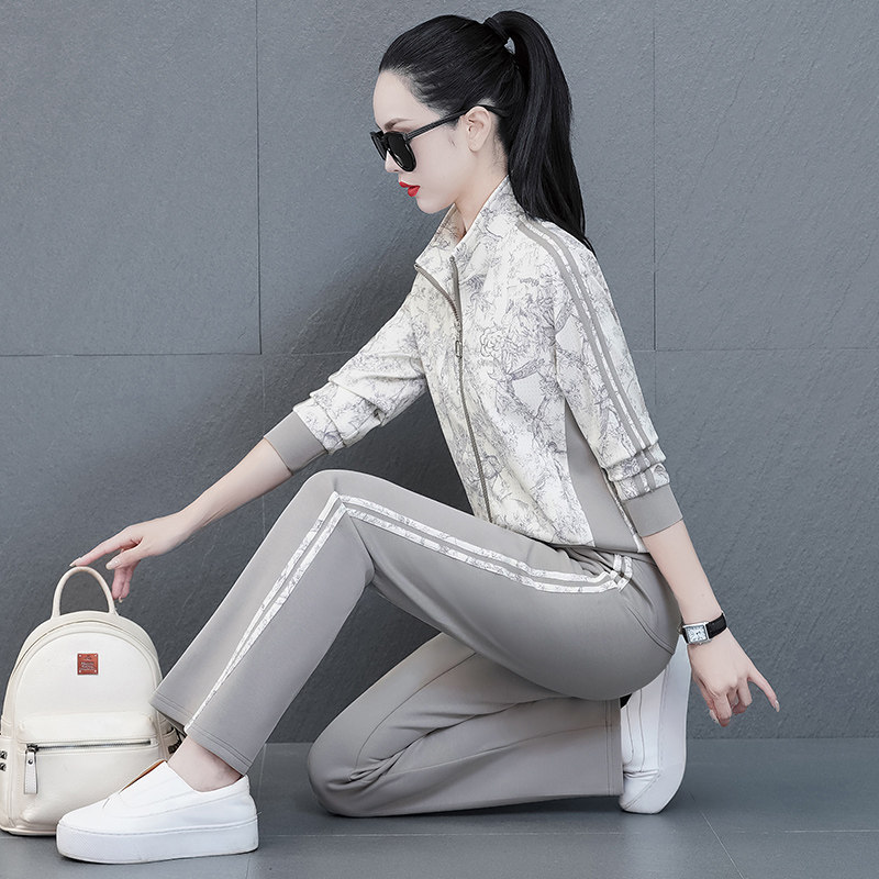 运动服套装女春秋2023新款时尚韩版女士洋气印花色休闲跑步三件套