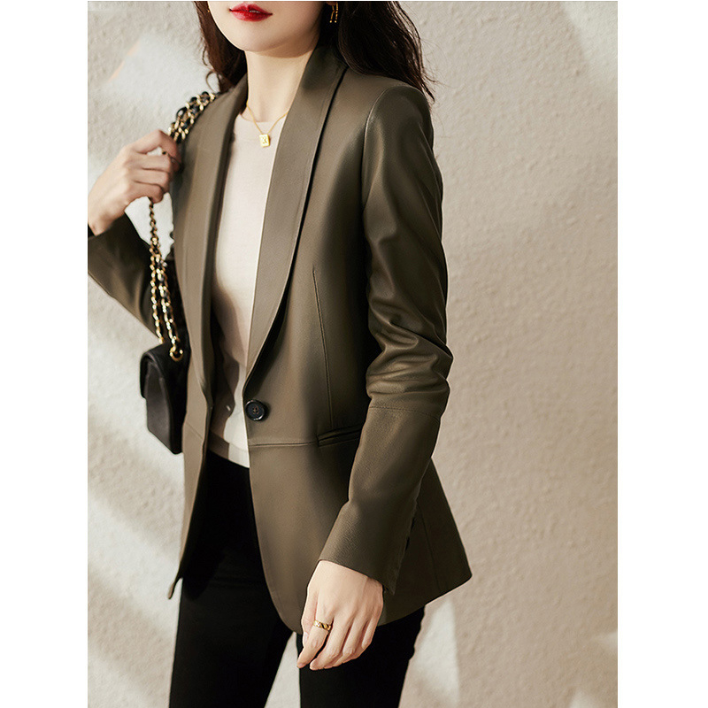 温婉尚轻涂绵羊皮西装领气质皮衣