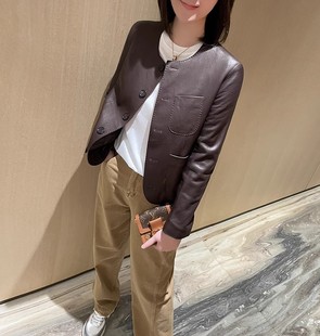 25新款高笈荔枝纹植鞣绵羊皮圆领皮衣女短款宽松直筒洋气简洁外套