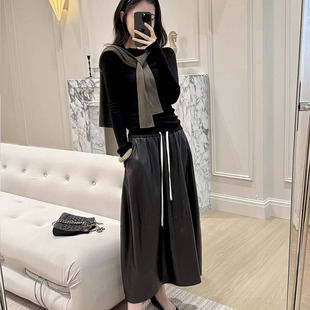 秋冬新款松紧系带花苞腰插袋进口绵羊皮长裙大摆宽松真皮中裙伞裙