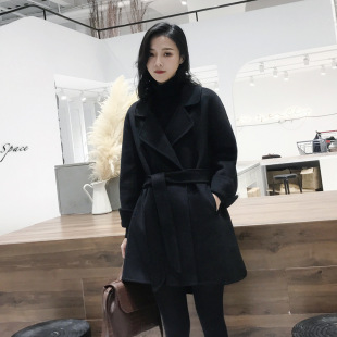 优雅气质纯手工制作双面呢直筒羊绒大衣女长袖翻领中长款外套