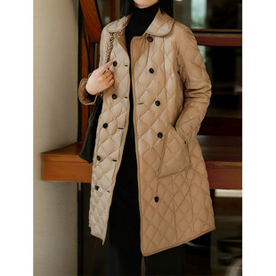 南国千金!95鹅绒服双排扣包边翻领菱形格中长羽绒服洋气保暖外套