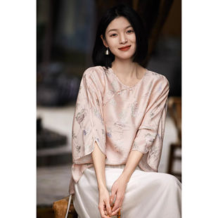 2026春新品 国风新中式 桑蚕丝真丝上衣女旗袍式 宽松T恤 亭台楼阁