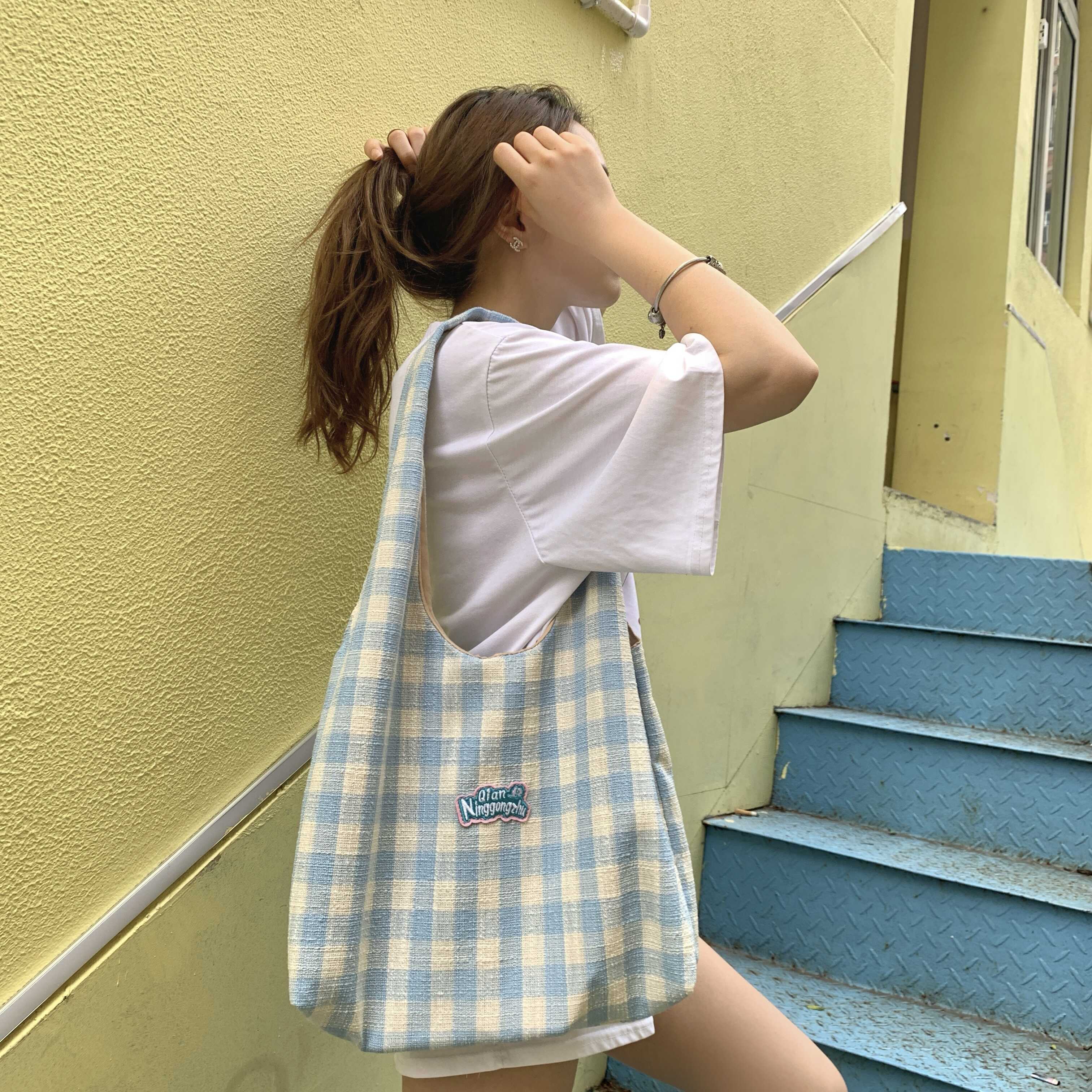 格子小清新森系帆布包袋韩系ins风慵懒文艺百搭单肩包少女托特包