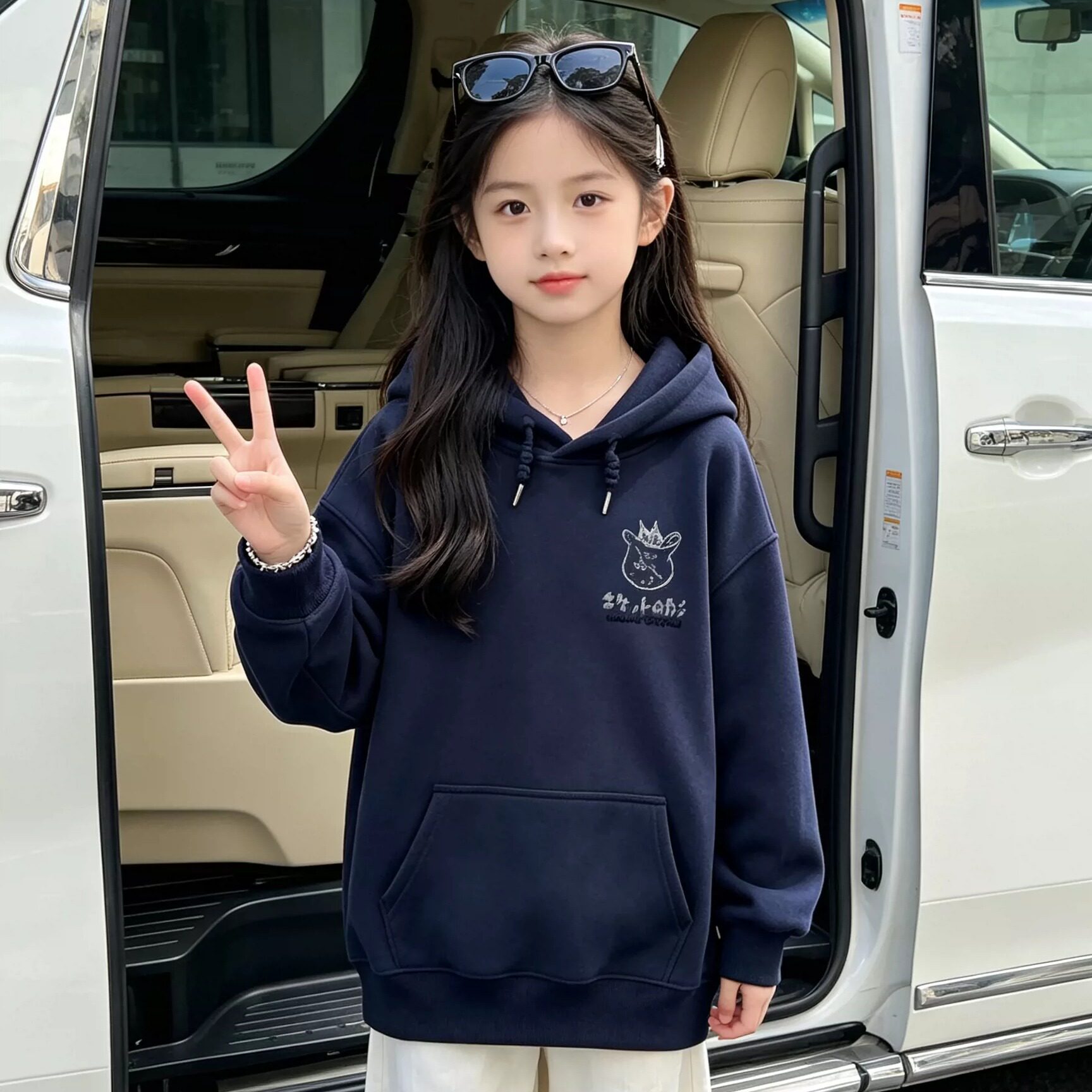 2026秋冬季女童加绒款连帽卫衣卡通袋子小猫印花宽松oversize外套