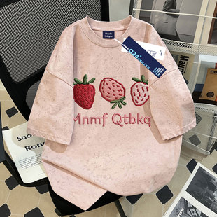 男女童卡通草莓仿刺绣100%纯棉扎染短袖t恤夏季学生百搭宽松上衣