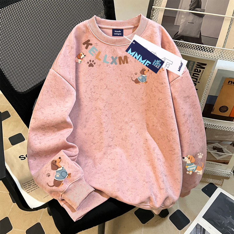 女童创意小狗印花新款扎染圆领卫衣春秋季中学生百搭洋气上衣ins