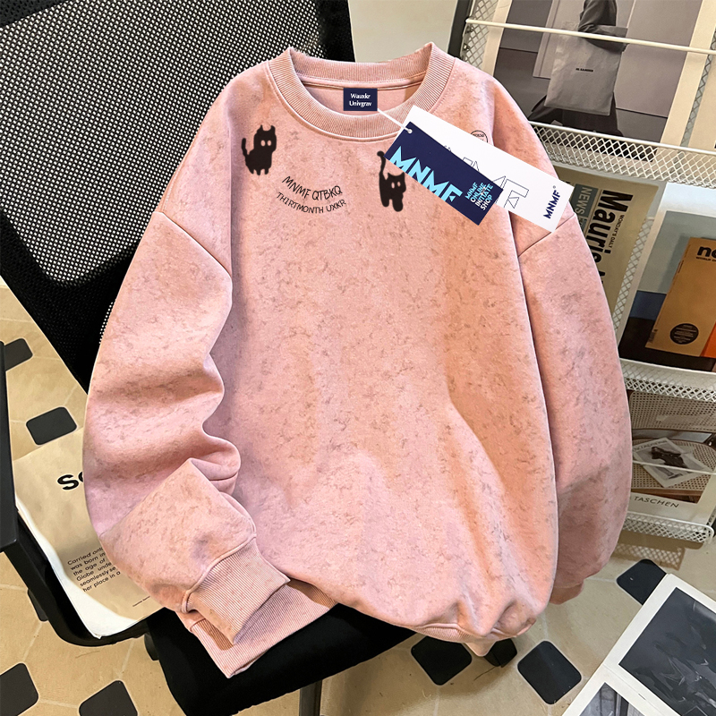 女童秋冬季新款扎染圆领卫衣可爱猫咪印花中学生百搭时尚上衣ins