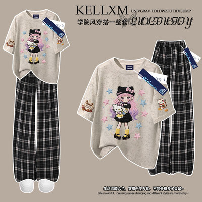 100%纯棉夏季女童韩版洋气女孩仿刺绣扎染短袖T恤格子裤休闲套装