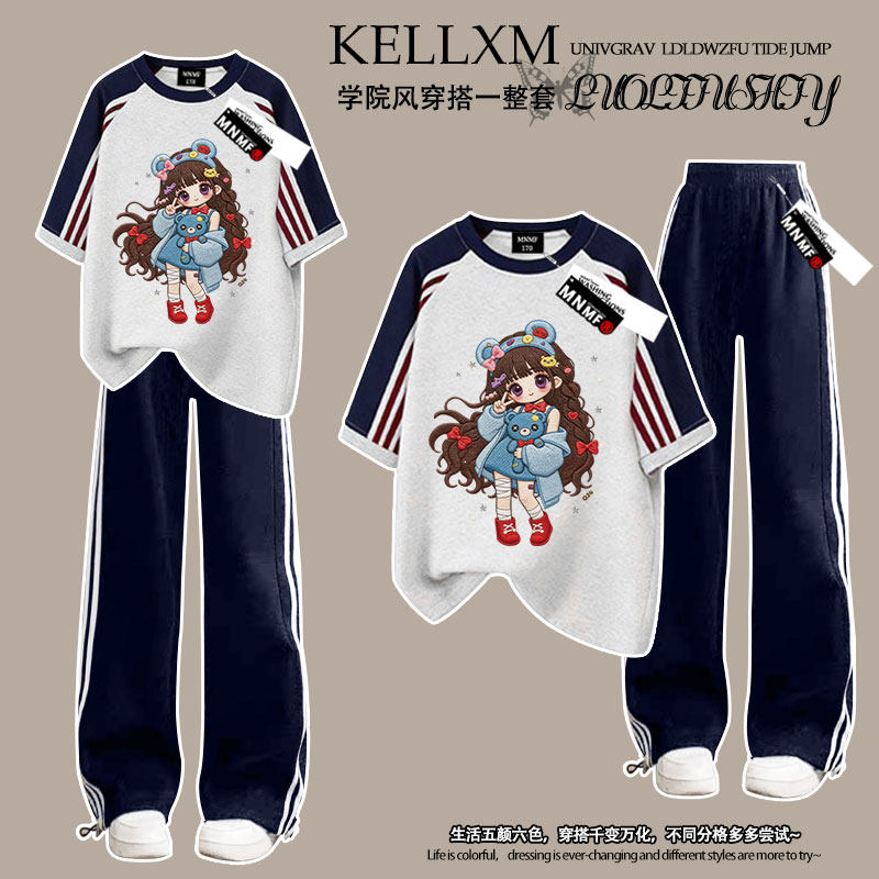 洋气女孩仿刺绣女童2026夏季女童插肩三条杠短袖t恤长裤套装学生