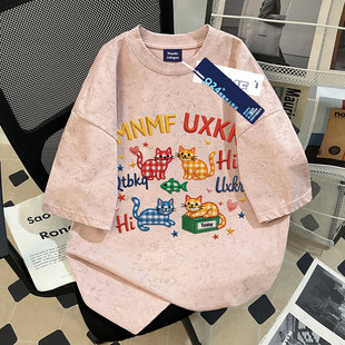 趣味卡通猫咪仿刺绣夏季男女童100%纯棉扎染短袖t恤学生百搭上衣