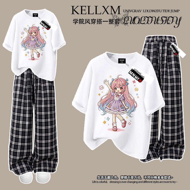 仿刺绣可爱女孩2026夏季女童纯棉短袖t恤格子裤套装中大童时尚ins