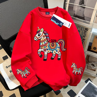 小马仿刺绣2026秋冬季女童本命年酒红色加绒圆领卫衣初中生上衣