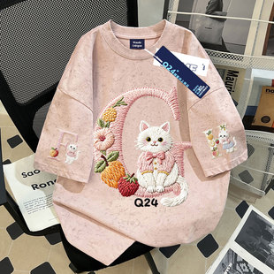 100%纯棉扎染短袖t恤夏季女童设计感猫咪仿刺绣初中生百搭上衣ins