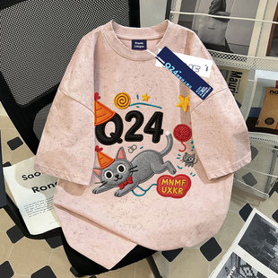 男女童趣味卡通猫咪仿刺绣夏季100%纯棉扎染短袖t恤学生休闲上衣