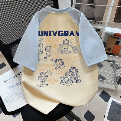 美式ins夏季新款男女童纯棉插肩短袖T恤卡通加菲猫印花中大童上衣