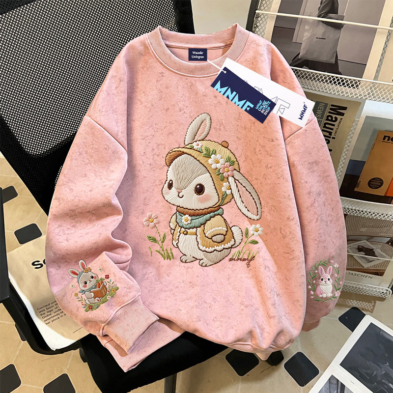 女童2026秋冬款新款卡通兔子仿刺绣加绒扎染圆领卫衣学院风上衣潮