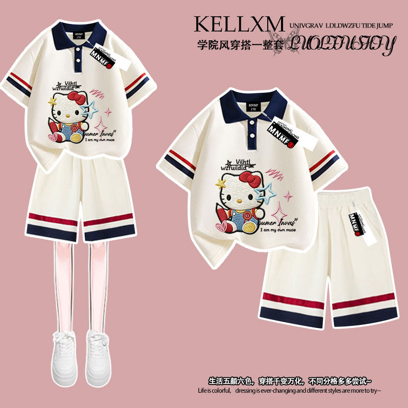 女童Polo衫t恤短袖短裤套装2026夏季可爱猫咪仿刺绣学生时尚潮流