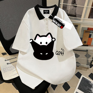 夏季新款可爱探头小猫印花男女童POLO衫短袖T恤校园风中大童上衣