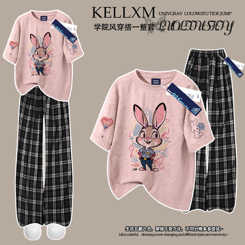 疯狂动物城印花夏季款女童纯棉扎染短袖T恤格子裤套装休闲洋气ins